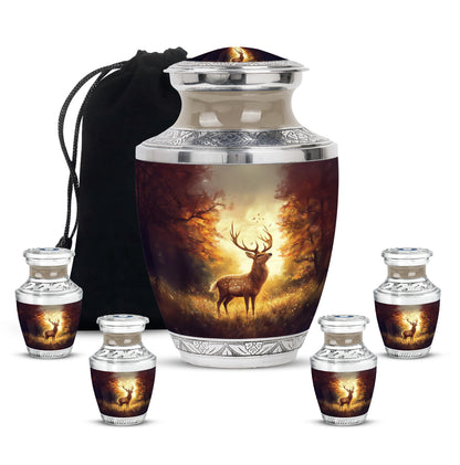 Garnet Red Deer Cremation Urn lifestyle display on memorial shelf - modern art-inspired deer motif on sleek aluminum - memorial set with one large and four small urns