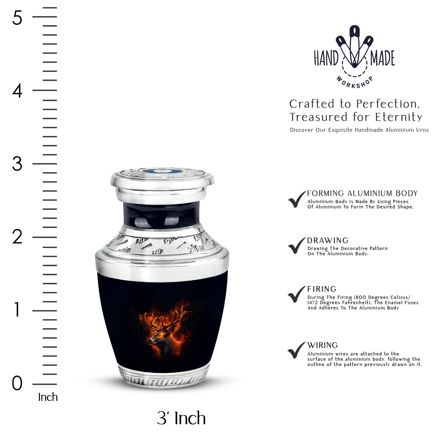 Obsidian Black Deer Cremation Urn top-down view of secure threaded lid - artistic deer interpretation with creative detail - mini keepsake memorial for portion of cremation ashes
