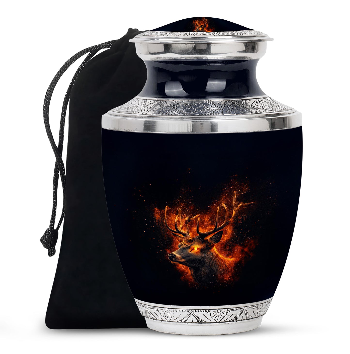 Jet Black Deer Cremation Urn side profile showing urn shape - contemporary deer design with modern artistic flair - full-size 10 inch 200 cubic inch adult cremation urn