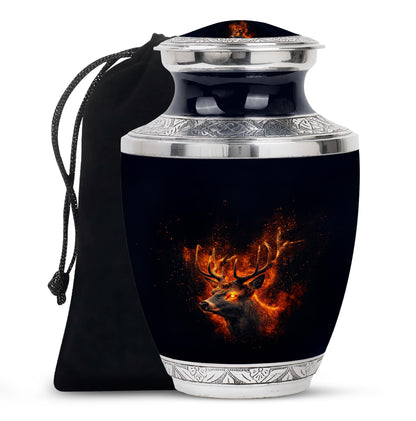 Jet Black Deer Cremation Urn side profile showing urn shape - contemporary deer design with modern artistic flair - full-size 10 inch 200 cubic inch adult cremation urn