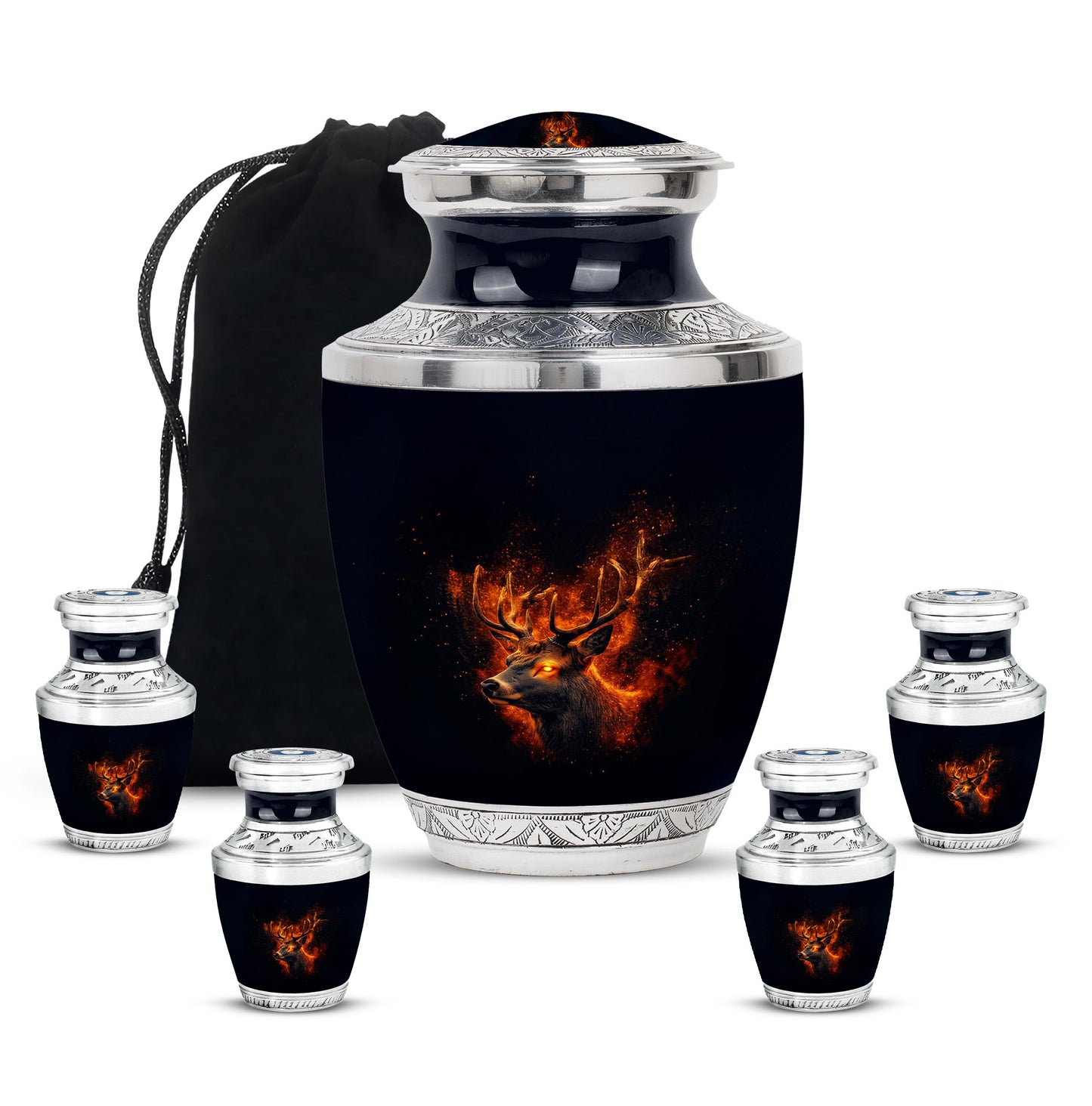 Onyx Black Deer Cremation Urn lifestyle display on memorial shelf - artistic deer interpretation with creative detail - memorial set with one large and four small urns