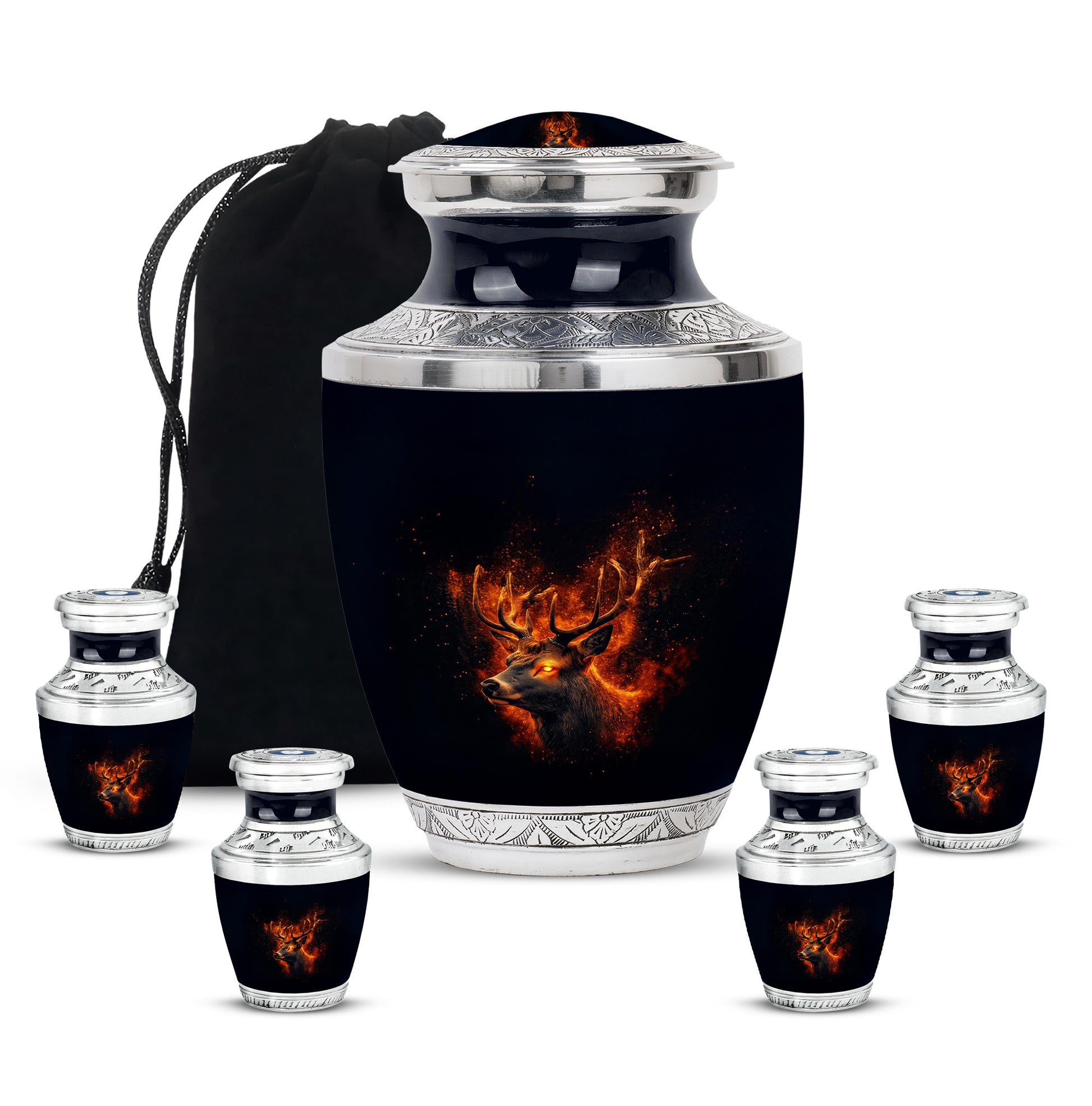 Onyx Black Deer Cremation Urn lifestyle display on memorial shelf - artistic deer interpretation with creative detail - memorial set with one large and four small urns