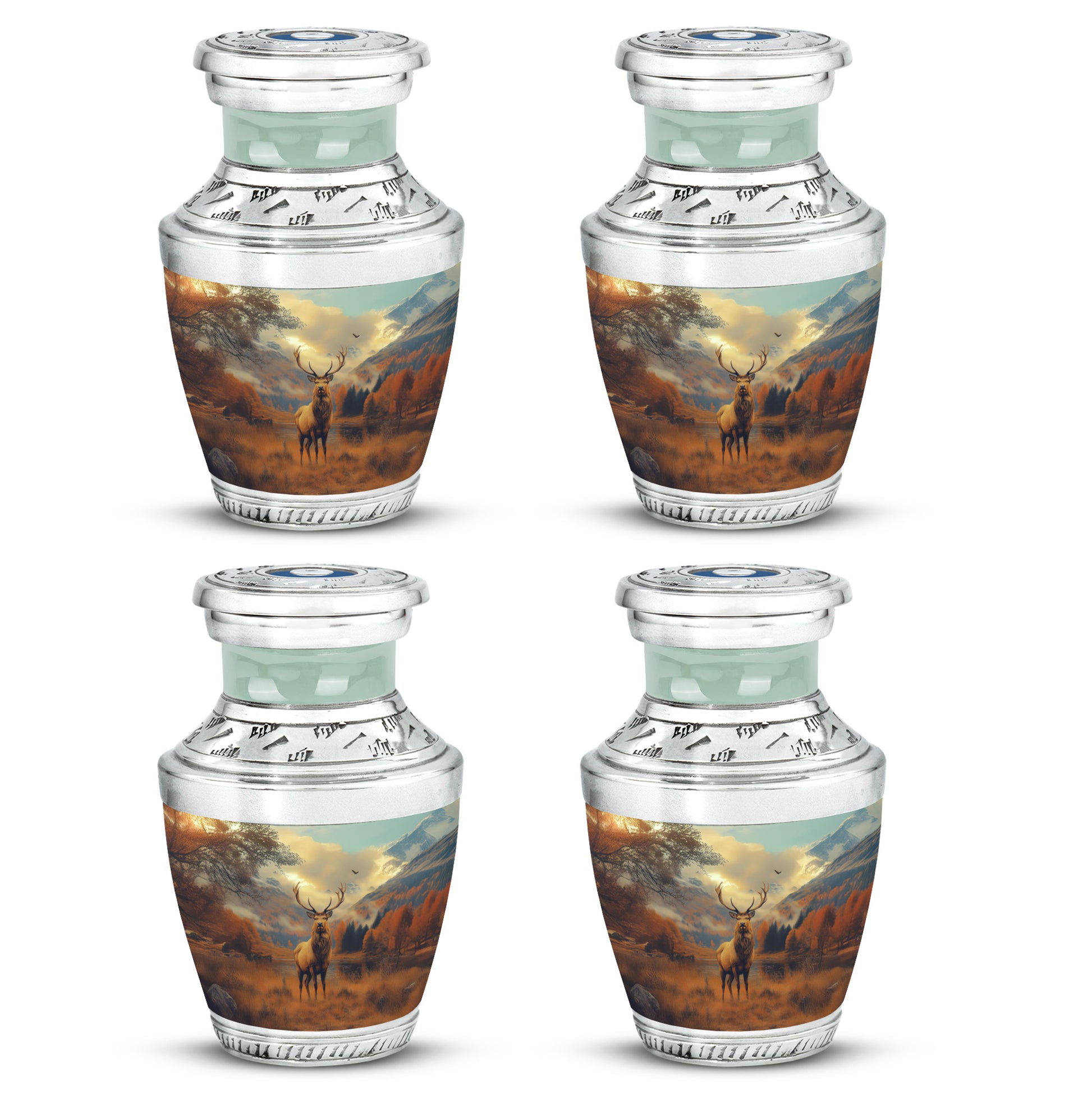 Amber Gold Deer Cremation Urn back view with polished surface - modern art-inspired deer motif on sleek aluminum - 10 inch aluminum urn for cremated remains