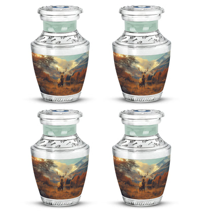 Amber Gold Deer Cremation Urn back view with polished surface - modern art-inspired deer motif on sleek aluminum - 10 inch aluminum urn for cremated remains