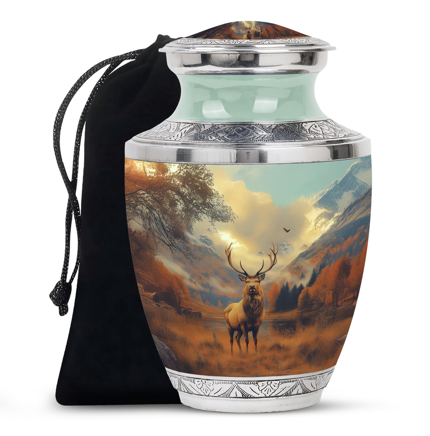 Gilded Gold Deer Cremation Urn side profile showing urn shape - modern art-inspired deer motif on sleek aluminum - full-size 10 inch 200 cubic inch adult cremation urn
