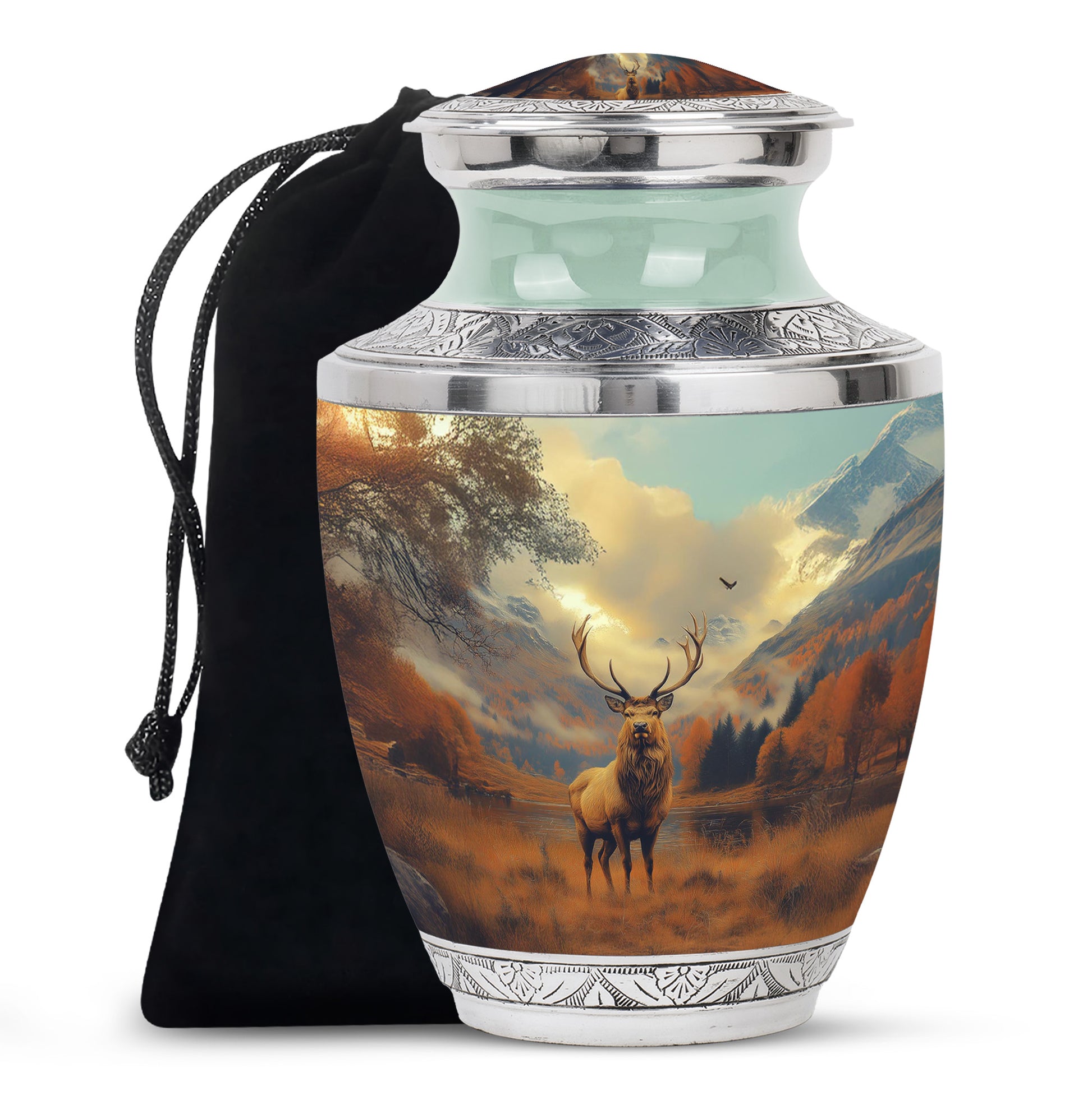 Gilded Gold Deer Cremation Urn side profile showing urn shape - modern art-inspired deer motif on sleek aluminum - full-size 10 inch 200 cubic inch adult cremation urn