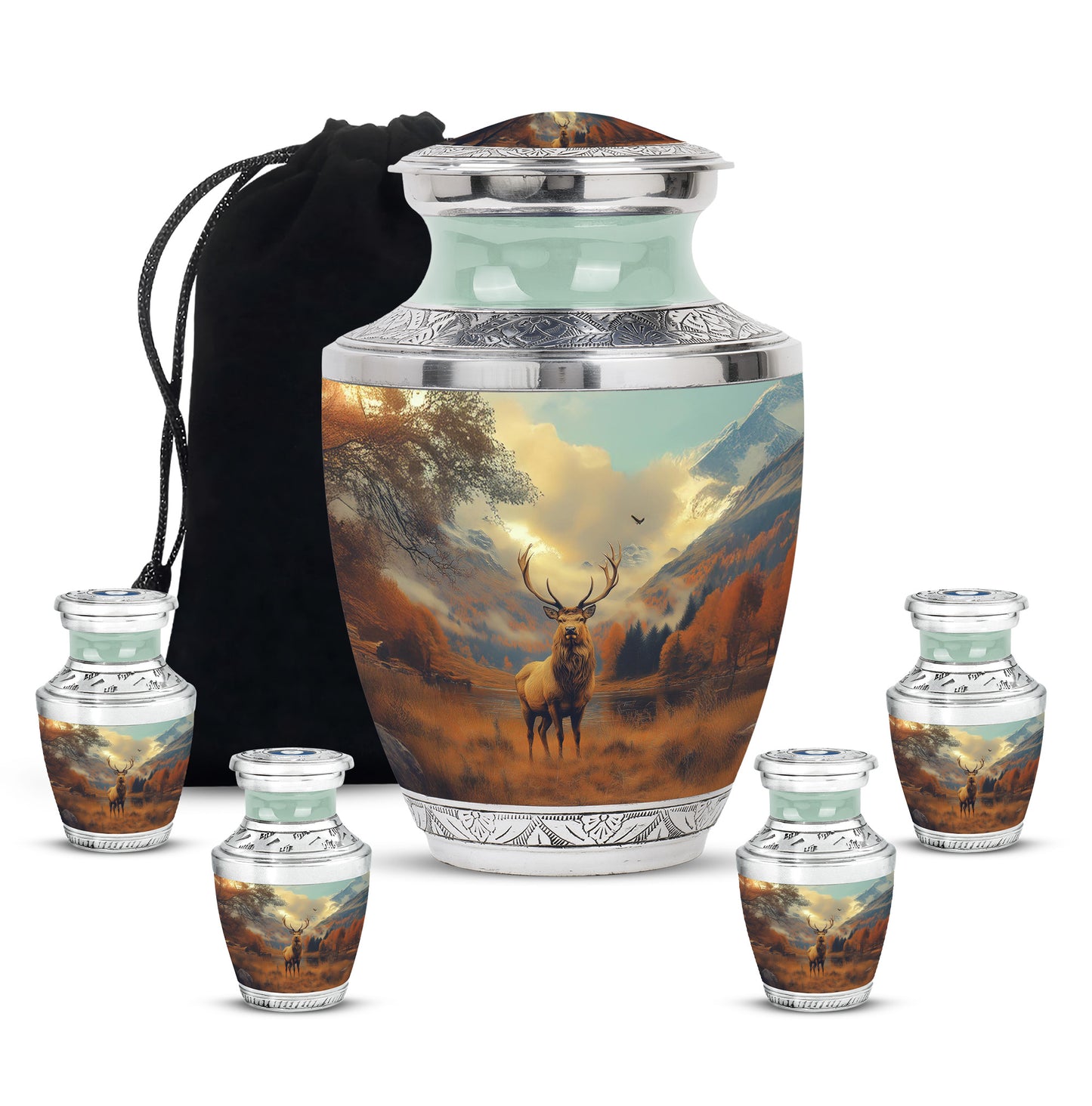 Gilded Gold Deer Cremation Urn lifestyle display on memorial shelf - contemporary deer design with modern artistic flair - memorial set with one large and four small urns