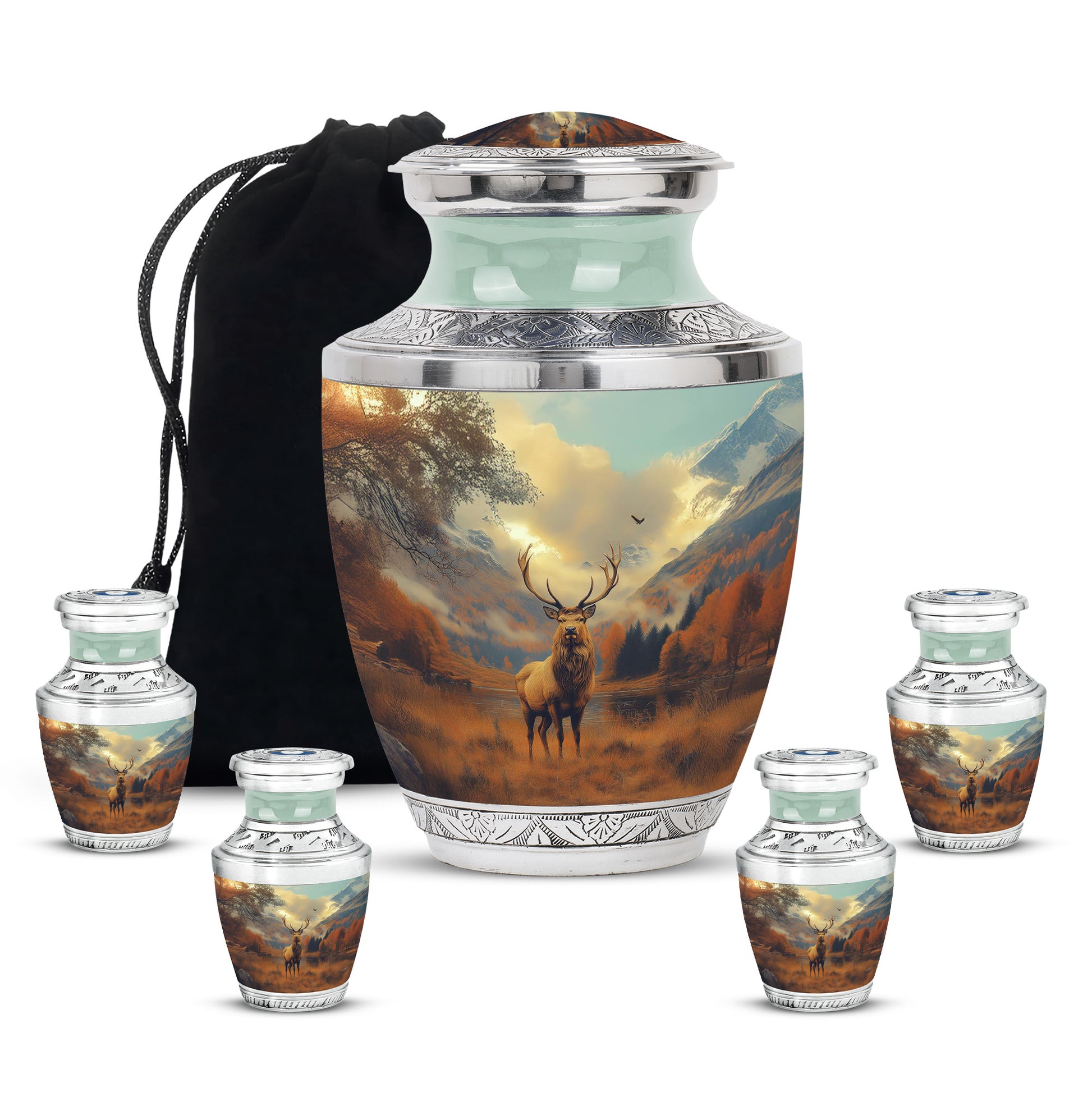 Gilded Gold Deer Cremation Urn lifestyle display on memorial shelf - contemporary deer design with modern artistic flair - memorial set with one large and four small urns