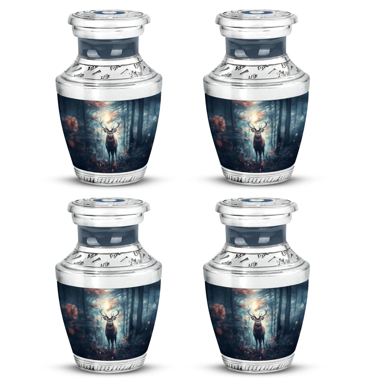 Steel Blue Deer Cremation Urn back view with polished surface - stylized abstract deer pattern with bold lines - 10 inch aluminum urn for cremated remains