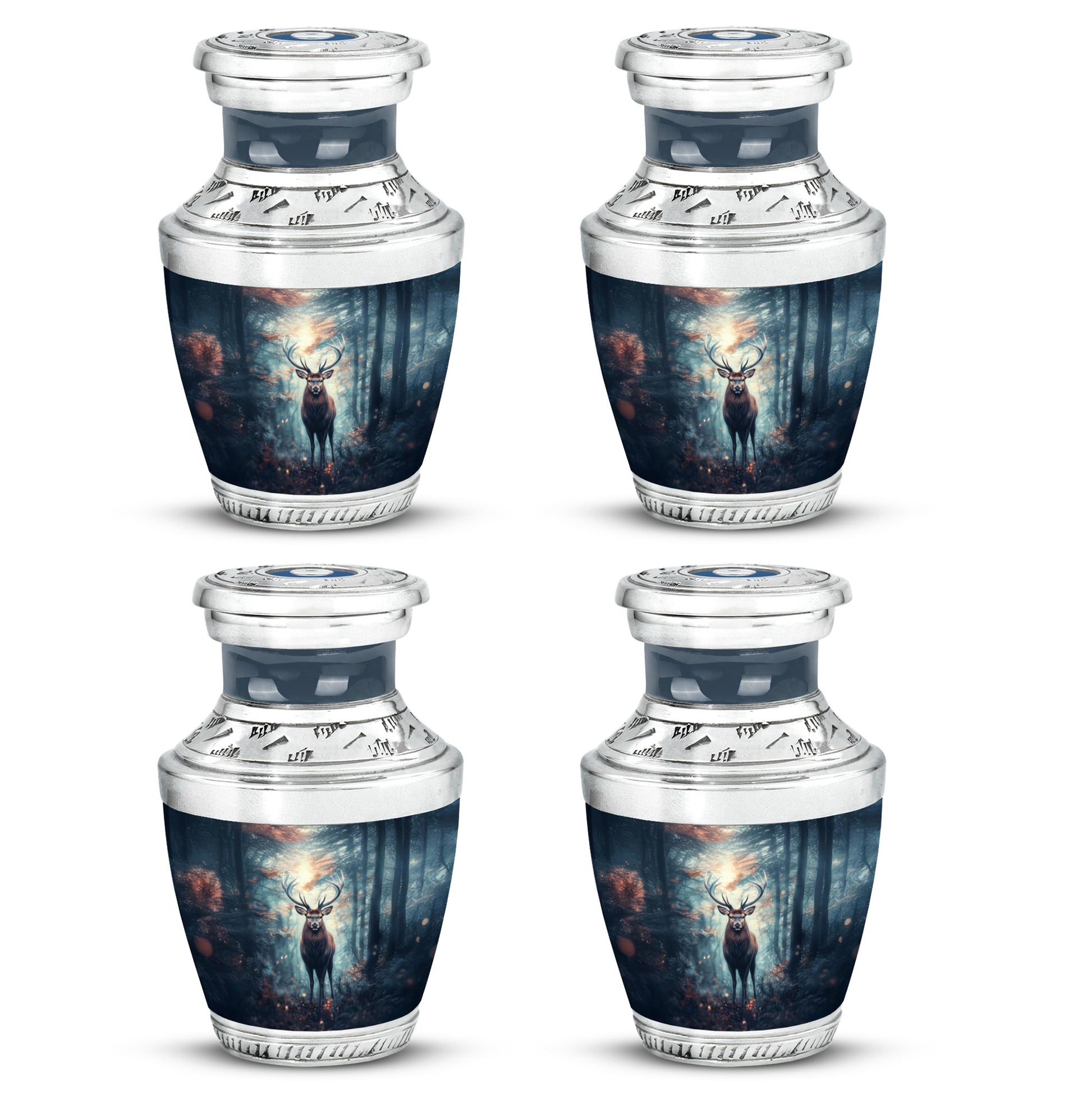 Steel Blue Deer Cremation Urn back view with polished surface - stylized abstract deer pattern with bold lines - 10 inch aluminum urn for cremated remains