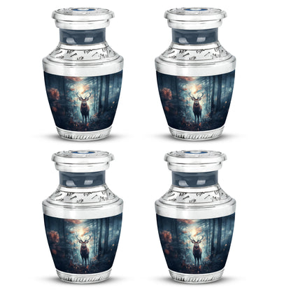 Steel Blue Deer Cremation Urn back view with polished surface - stylized abstract deer pattern with bold lines - 10 inch aluminum urn for cremated remains