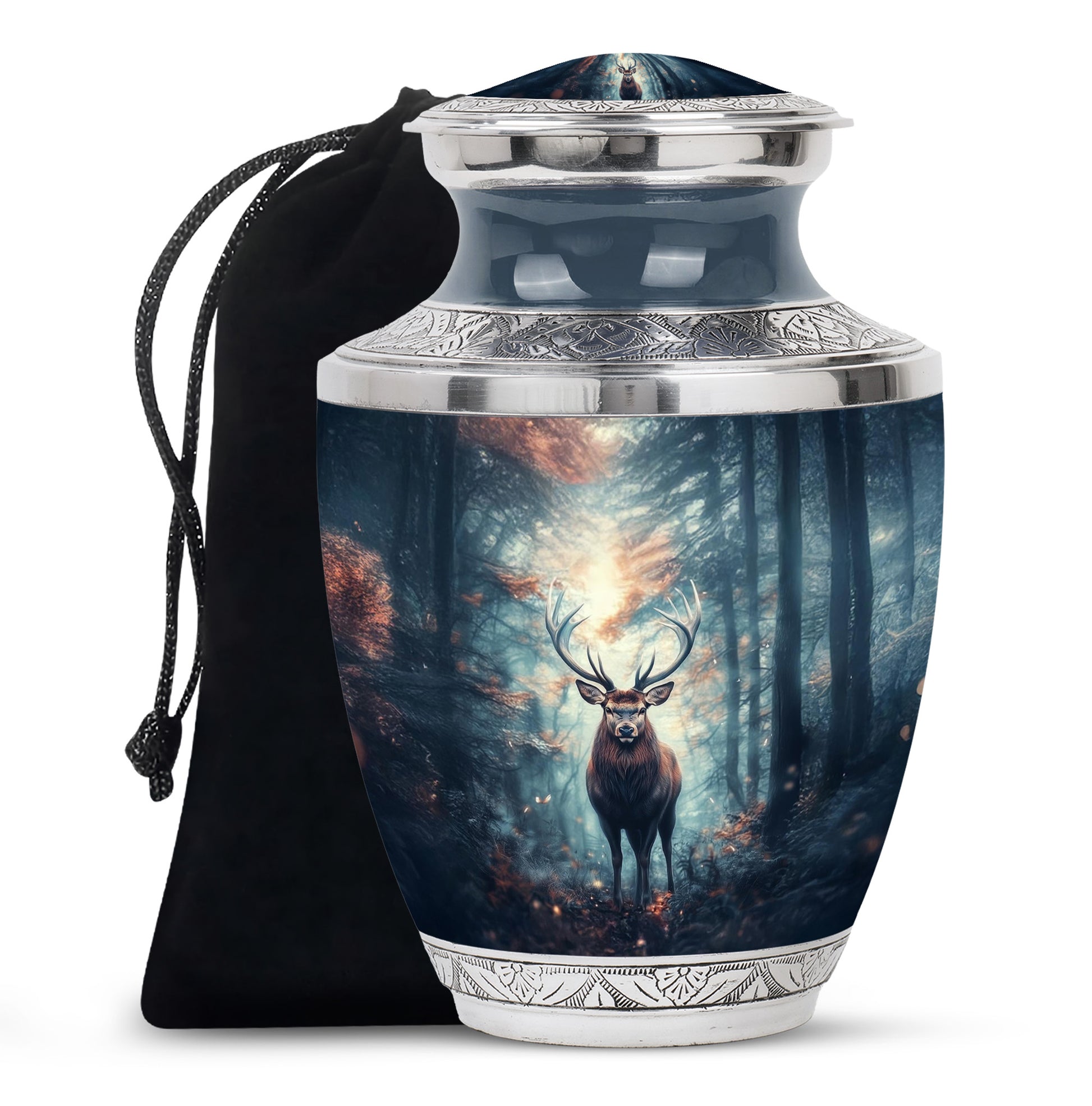 Serene Blue Deer Cremation Urn side profile showing urn shape - stylized abstract deer pattern with bold lines - full-size 10 inch 200 cubic inch adult cremation urn