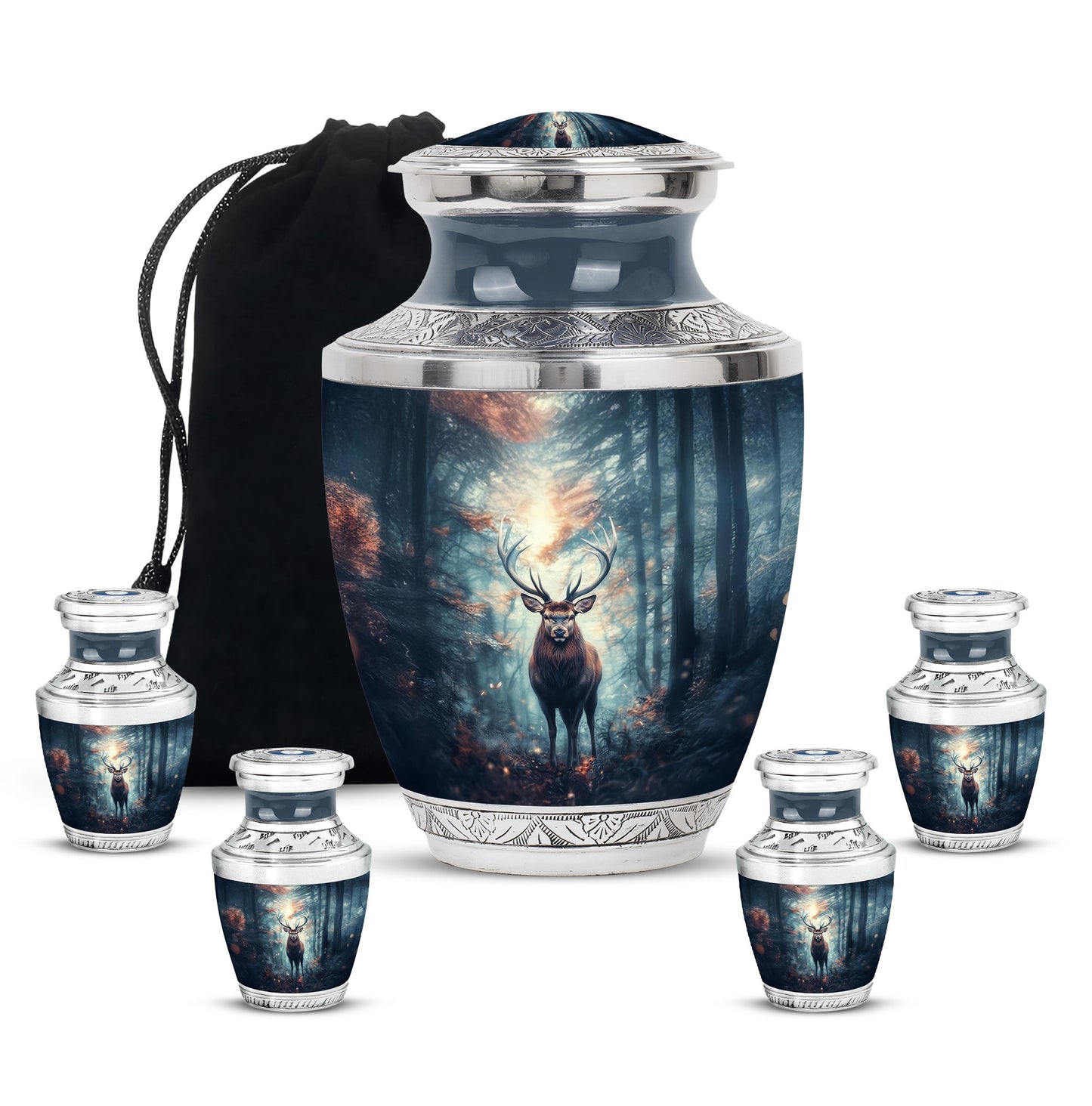 Cornflower Blue Deer Cremation Urn lifestyle display on memorial shelf - stylized abstract deer pattern with bold lines - memorial set with one large and four small urns