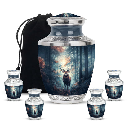 Cornflower Blue Deer Cremation Urn lifestyle display on memorial shelf - stylized abstract deer pattern with bold lines - memorial set with one large and four small urns