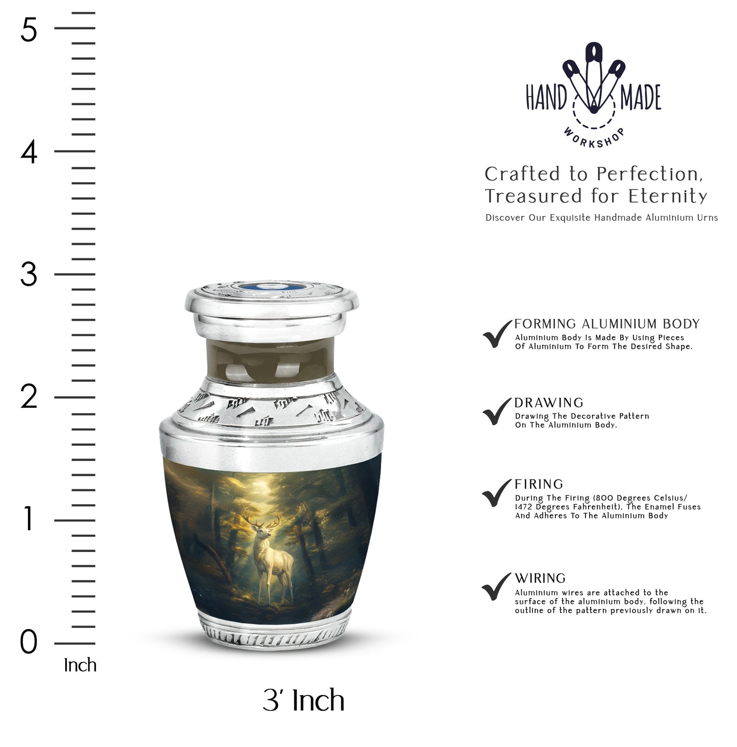 Charcoal Black Deer Cremation Urn top-down view of secure threaded lid - artistic deer interpretation with creative detail - mini keepsake memorial for portion of cremation ashes