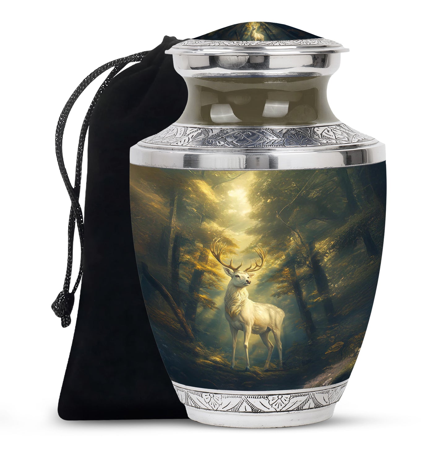 Jet Black Deer Cremation Urn side profile showing urn shape - contemporary deer design with modern artistic flair - full-size 10 inch 200 cubic inch adult cremation urn