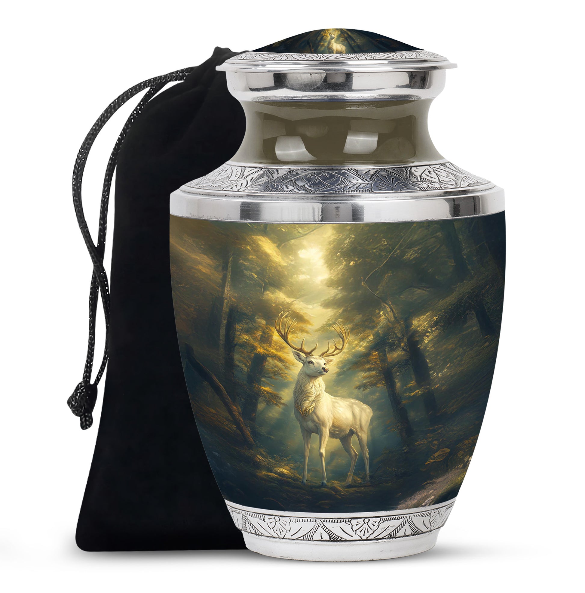 Jet Black Deer Cremation Urn side profile showing urn shape - contemporary deer design with modern artistic flair - full-size 10 inch 200 cubic inch adult cremation urn