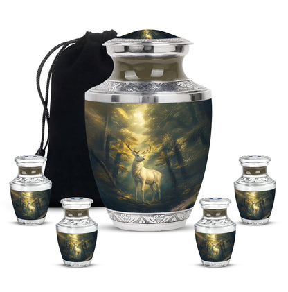 Jet Black Deer Cremation Urn lifestyle display on memorial shelf - modern art-inspired deer motif on sleek aluminum - memorial set with one large and four small urns