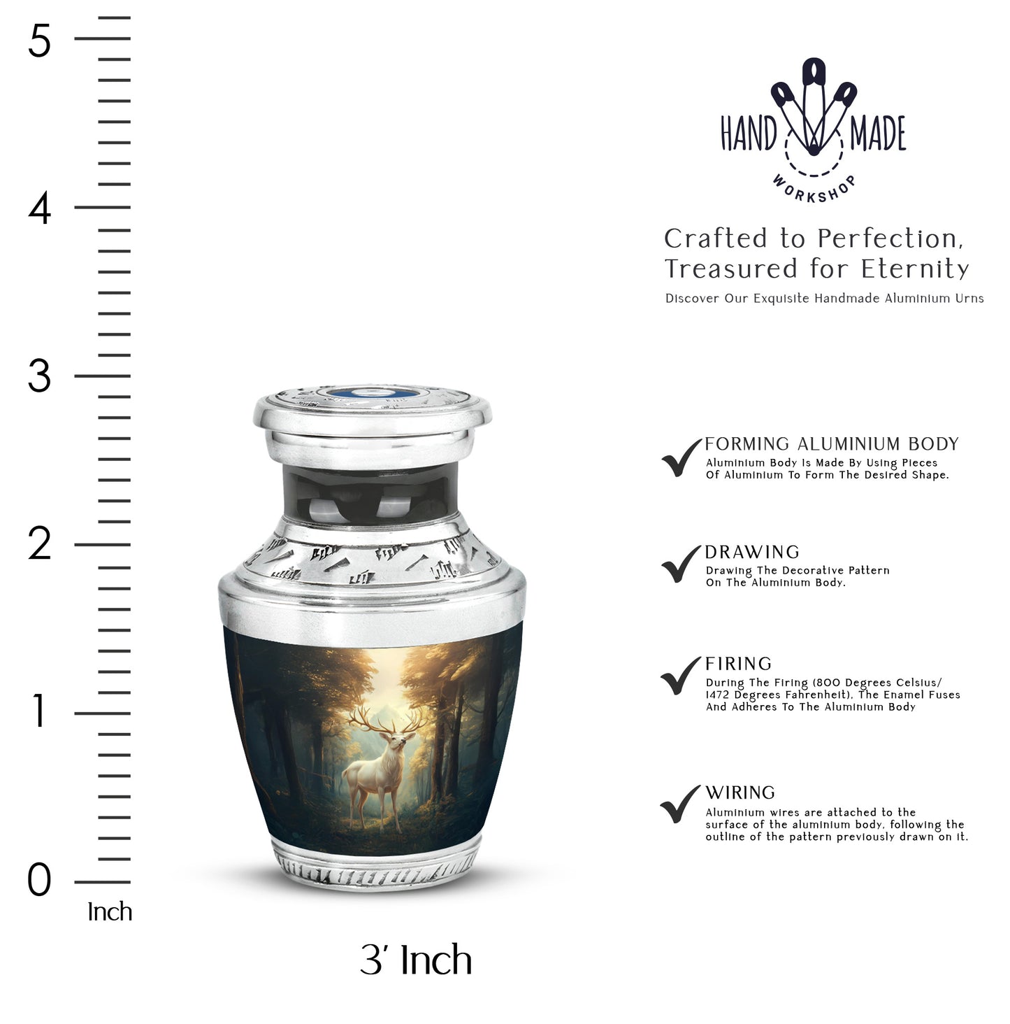 Matte Gold Deer Cremation Urn top-down view of secure threaded lid - stylized abstract deer pattern with bold lines - mini keepsake memorial for portion of cremation ashes