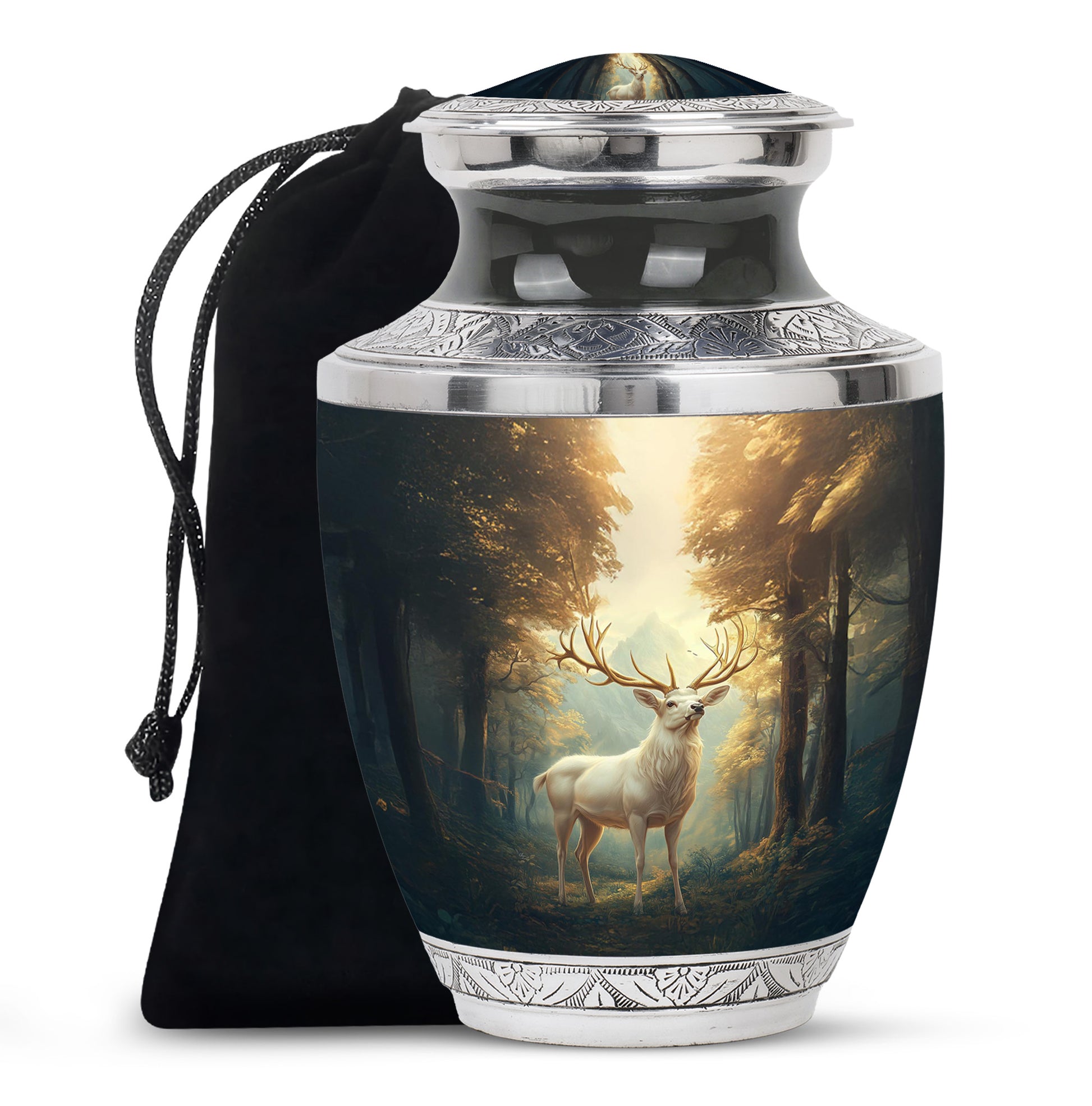 Gilded Gold Deer Cremation Urn side profile showing urn shape - modern art-inspired deer motif on sleek aluminum - full-size 10 inch 200 cubic inch adult cremation urn