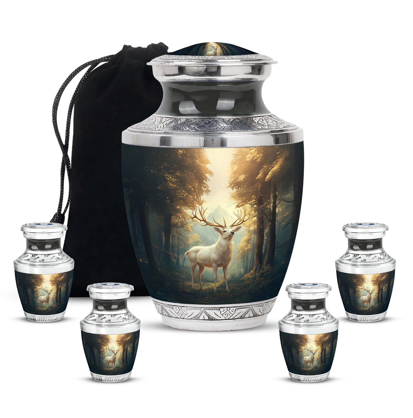 Royal Gold Deer Cremation Urn lifestyle display on memorial shelf - stylized abstract deer pattern with bold lines - memorial set with one large and four small urns