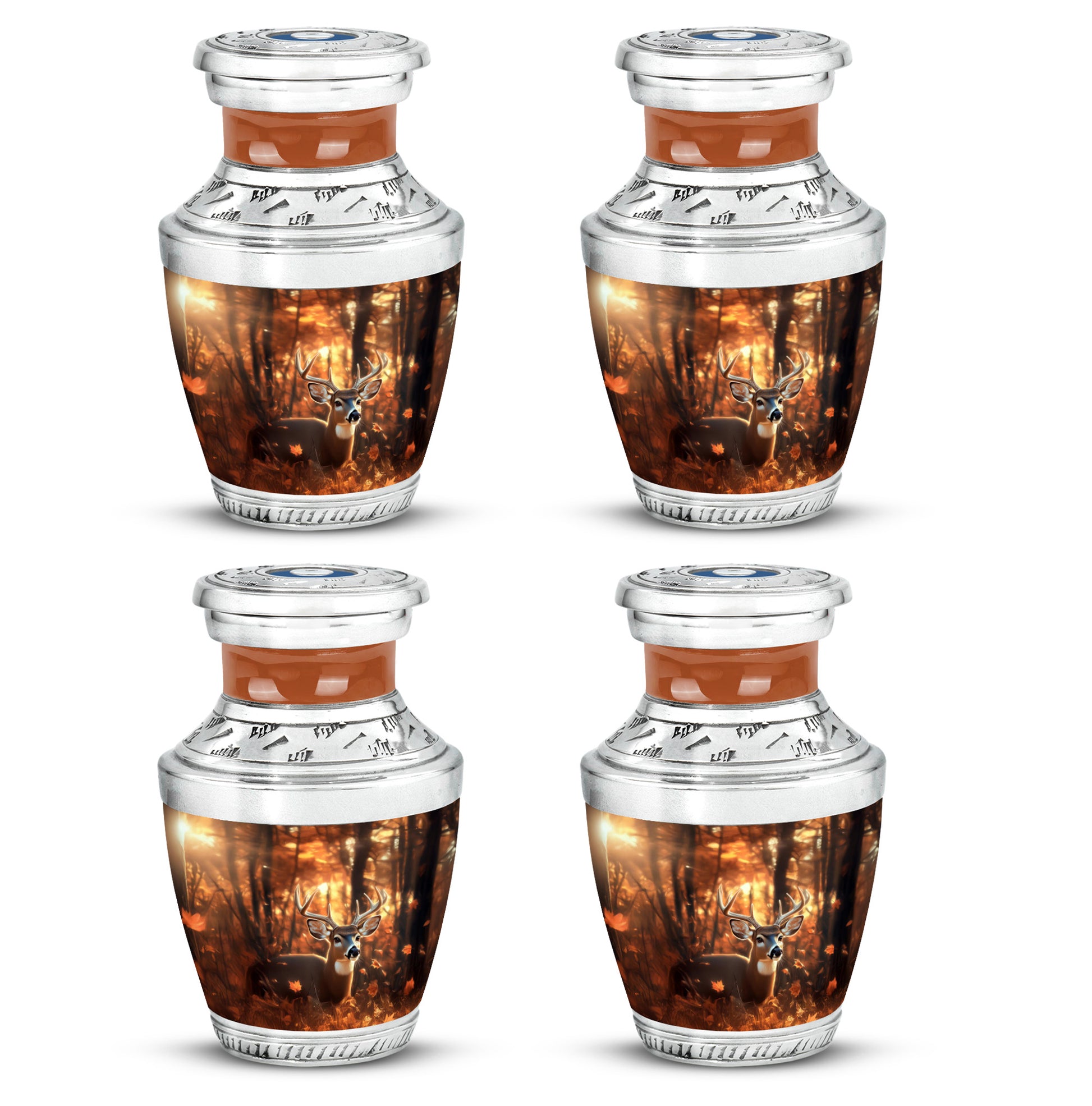 Harvest Gold Deer Cremation Urn back view with polished surface - stylized abstract deer pattern with bold lines - 10 inch aluminum urn for cremated remains
