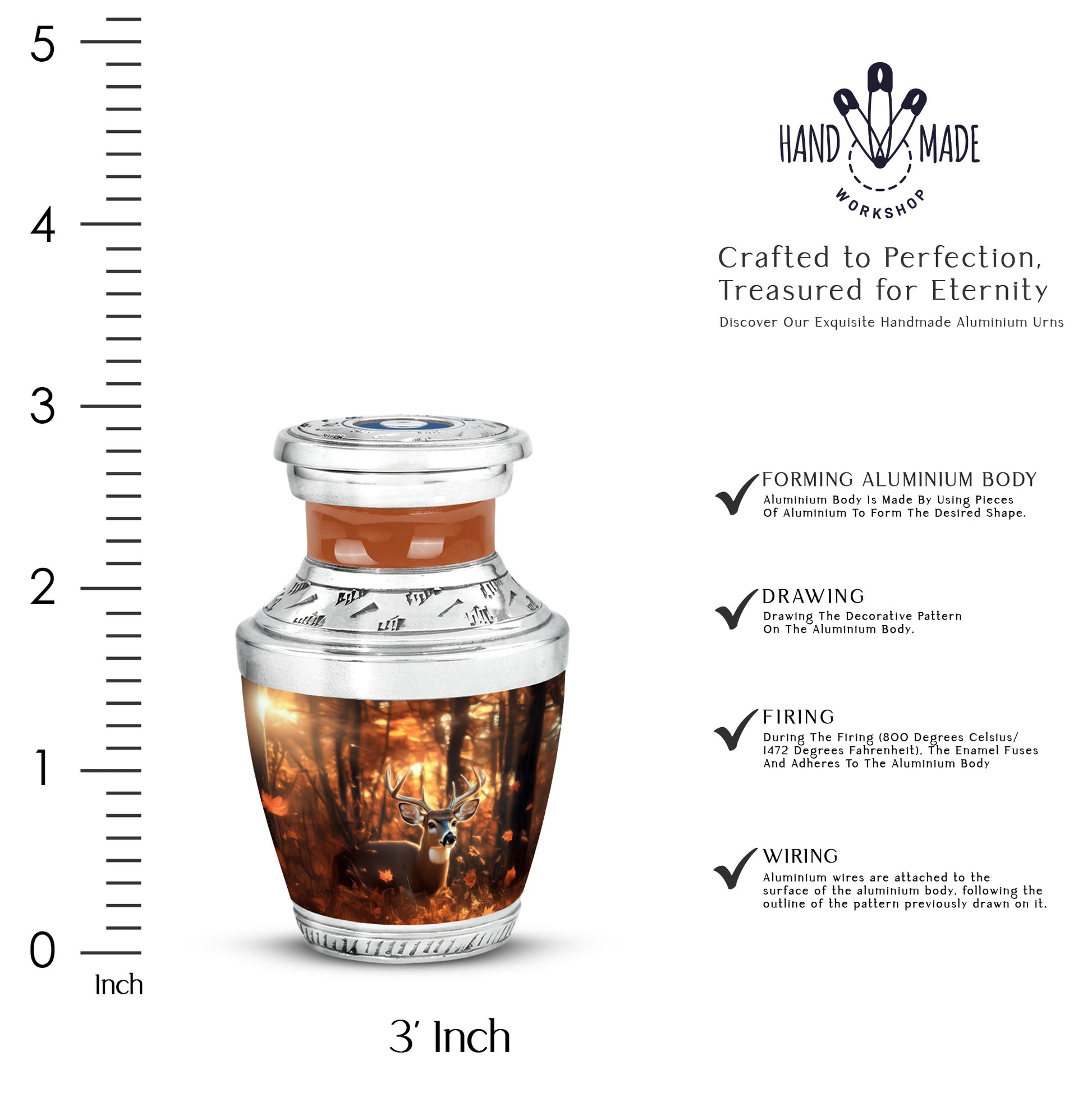 Burnished Gold Deer Cremation Urn top-down view of secure threaded lid - artistic deer interpretation with creative detail - mini keepsake memorial for portion of cremation ashes