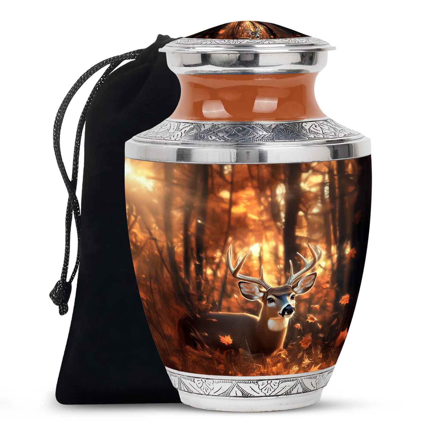 Burnished Gold Deer Cremation Urn side profile showing urn shape - stylized abstract deer pattern with bold lines - full-size 10 inch 200 cubic inch adult cremation urn