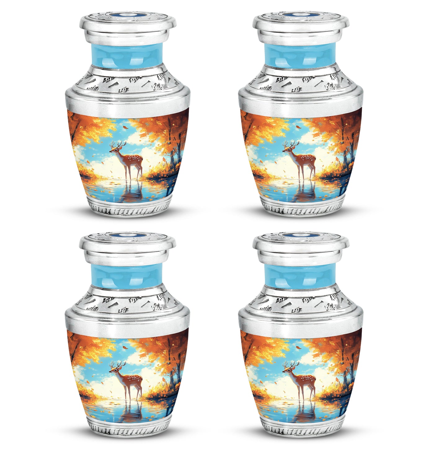Cool Teal Deer Cremation Urn back view with polished surface - contemporary deer design with modern artistic flair - 10 inch aluminum urn for cremated remains