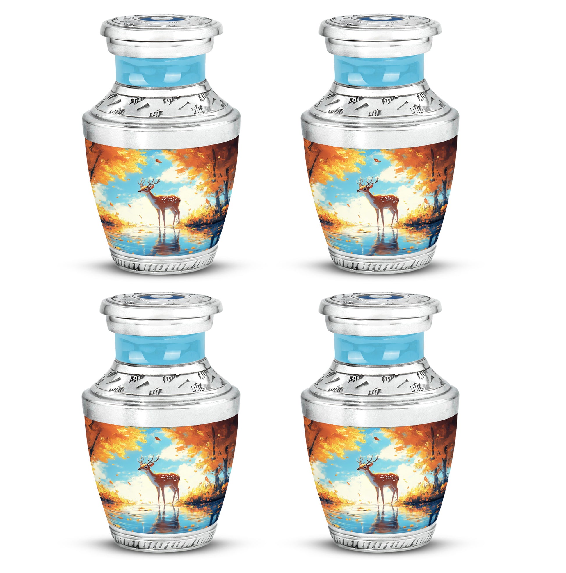 Cool Teal Deer Cremation Urn back view with polished surface - contemporary deer design with modern artistic flair - 10 inch aluminum urn for cremated remains