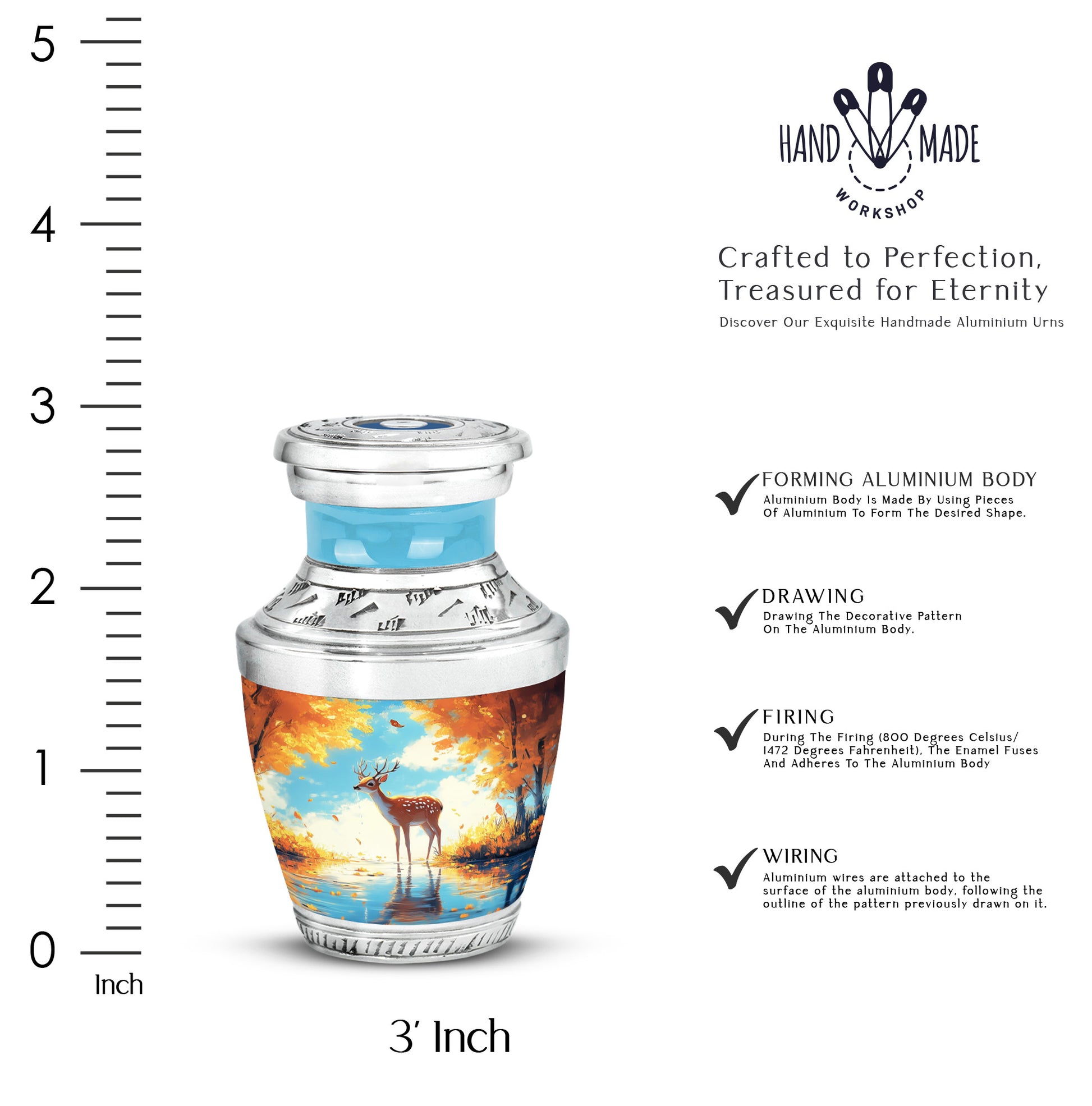 Cool Teal Deer Cremation Urn top-down view of secure threaded lid - modern art-inspired deer motif on sleek aluminum - mini keepsake memorial for portion of cremation ashes