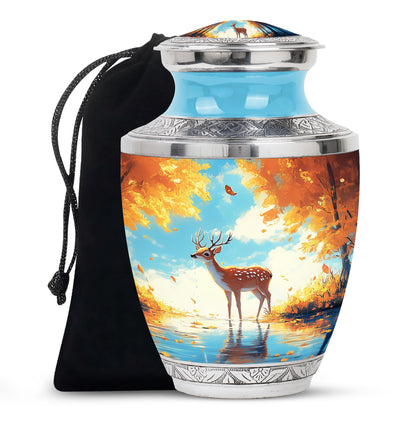 Ocean Teal Deer Cremation Urn side profile showing urn shape - contemporary deer design with modern artistic flair - full-size 10 inch 200 cubic inch adult cremation urn