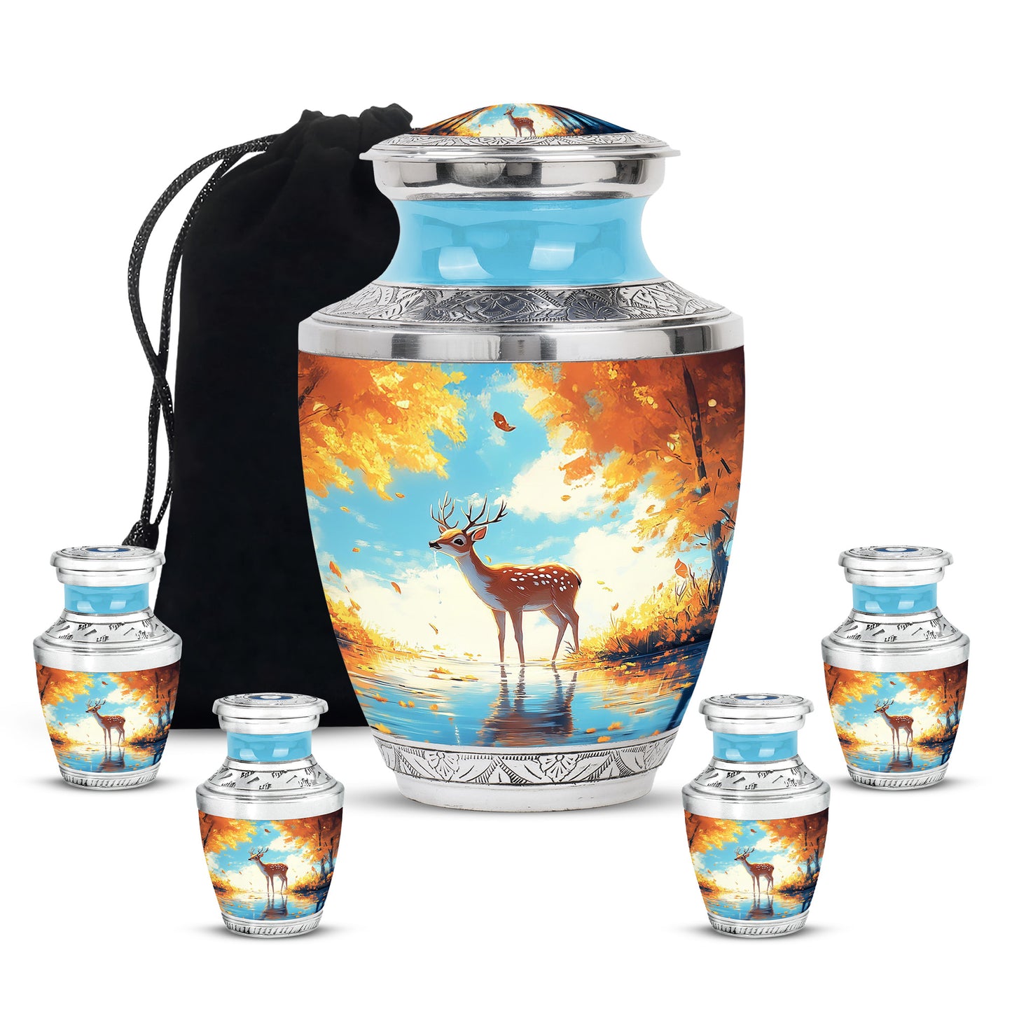 Tropical Teal Deer Cremation Urn lifestyle display on memorial shelf - artistic deer interpretation with creative detail - memorial set with one large and four small urns