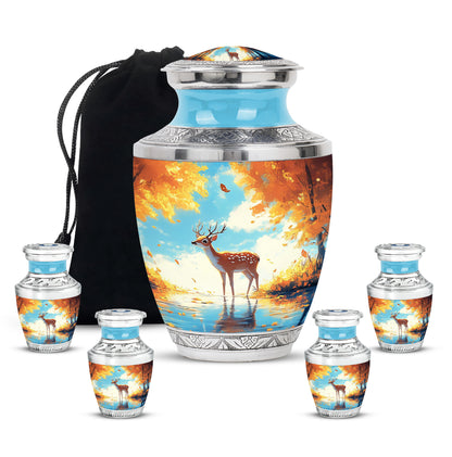 Tropical Teal Deer Cremation Urn lifestyle display on memorial shelf - artistic deer interpretation with creative detail - memorial set with one large and four small urns