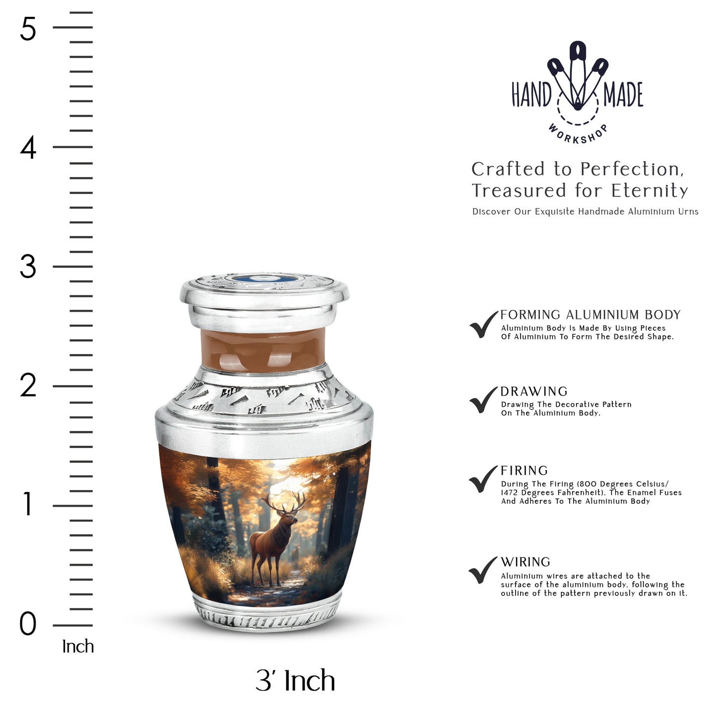 Matte Gold Deer Cremation Urn top-down view of secure threaded lid - artistic deer interpretation with creative detail - mini keepsake memorial for portion of cremation ashes