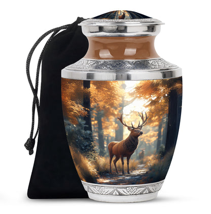 Harvest Gold Deer Cremation Urn side profile showing urn shape - stylized abstract deer pattern with bold lines - full-size 10 inch 200 cubic inch adult cremation urn
