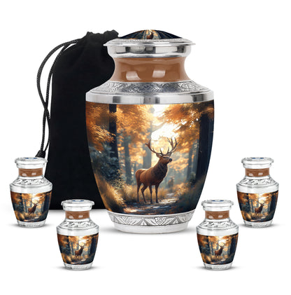 Matte Gold Deer Cremation Urn lifestyle display on memorial shelf - stylized abstract deer pattern with bold lines - memorial set with one large and four small urns