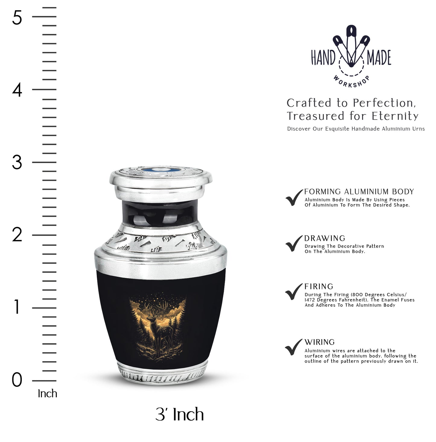 Charcoal Black Deer Cremation Urn top-down view of secure threaded lid - artistic deer interpretation with creative detail - mini keepsake memorial for portion of cremation ashes