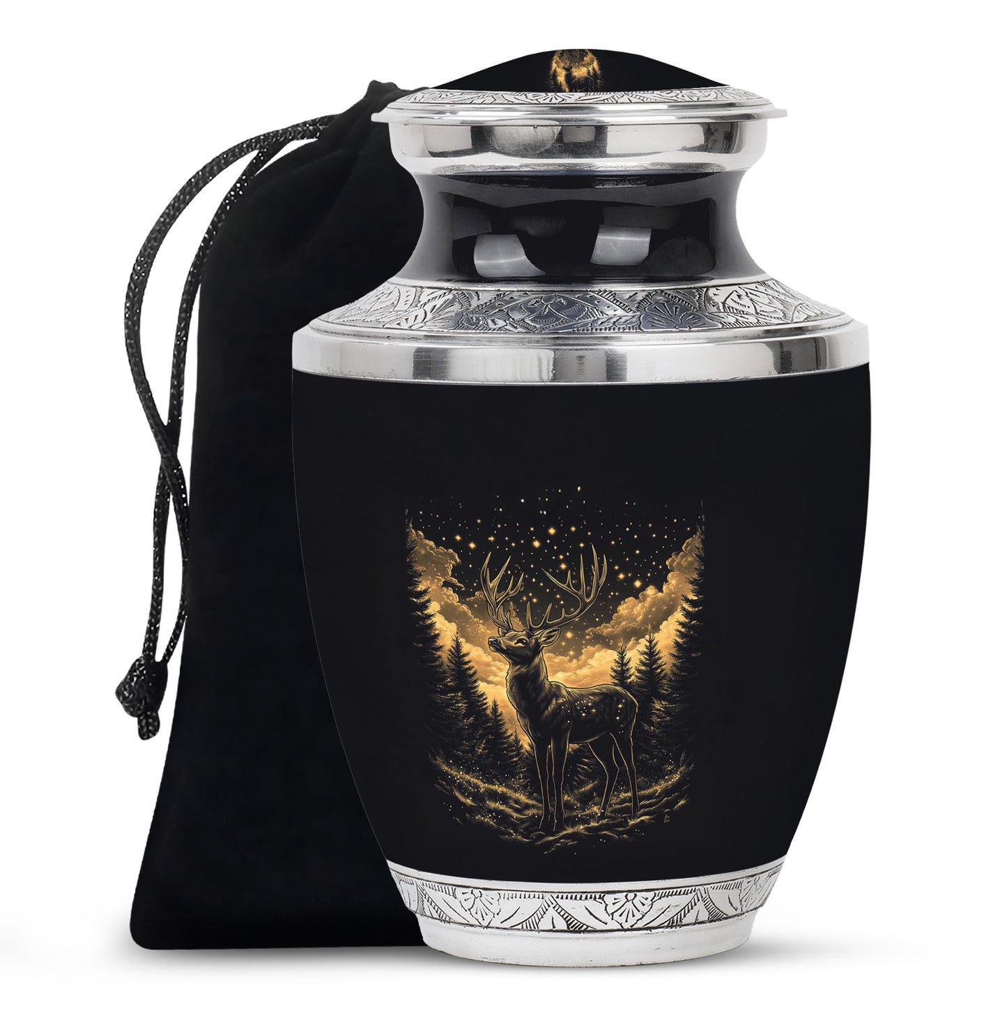 Charcoal Black Deer Cremation Urn side profile showing urn shape - stylized abstract deer pattern with bold lines - full-size 10 inch 200 cubic inch adult cremation urn