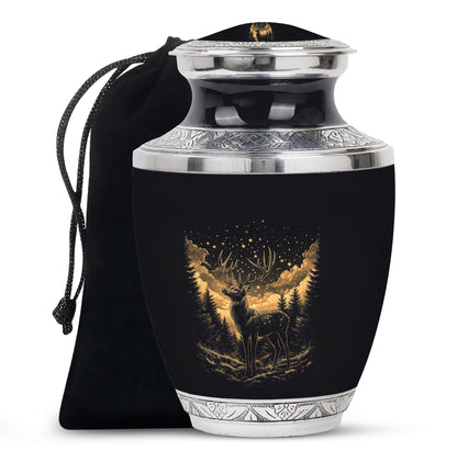 Charcoal Black Deer Cremation Urn side profile showing urn shape - stylized abstract deer pattern with bold lines - full-size 10 inch 200 cubic inch adult cremation urn
