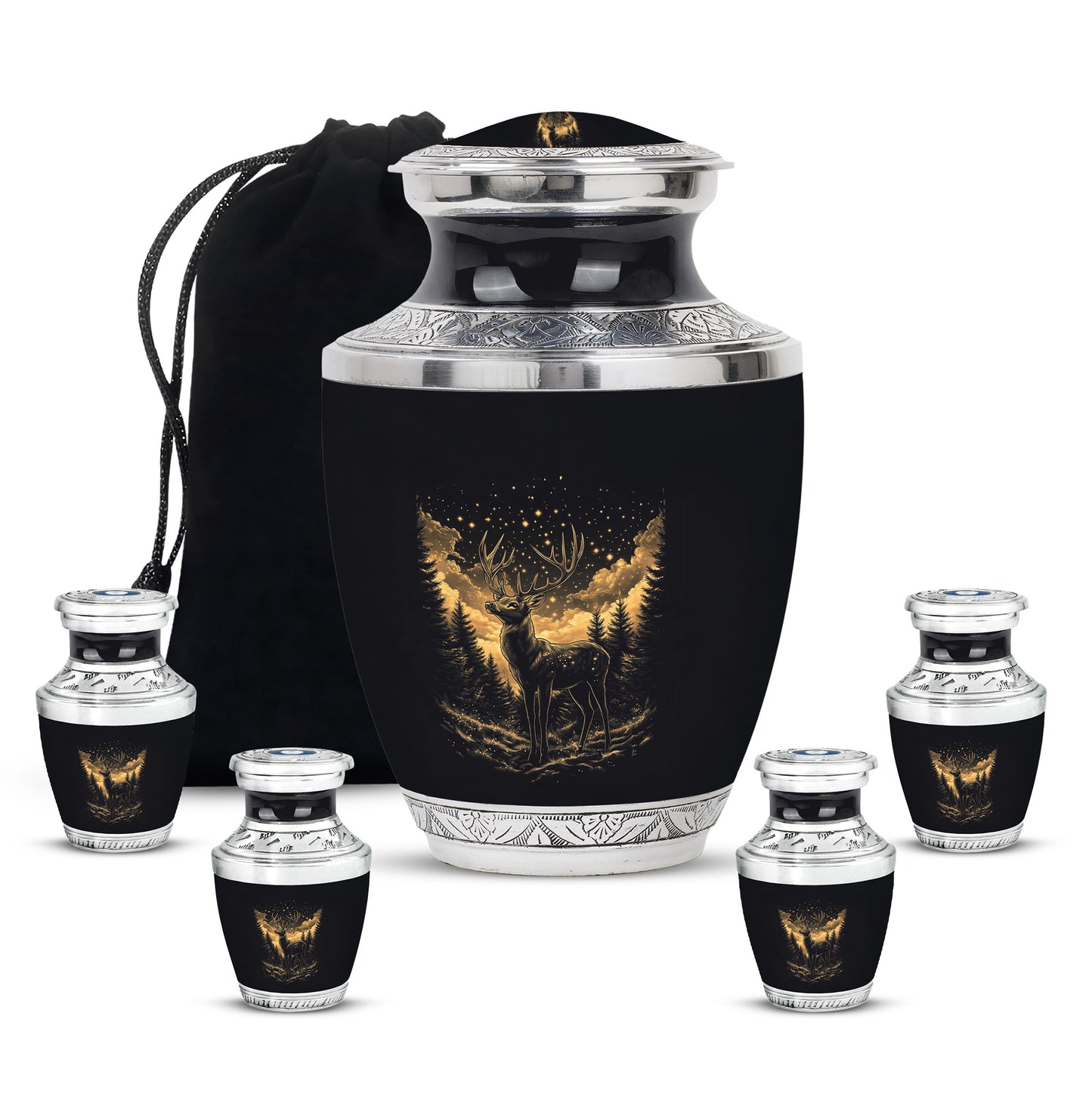 Ebony Deer Cremation Urn lifestyle display on memorial shelf - modern art-inspired deer motif on sleek aluminum - memorial set with one large and four small urns