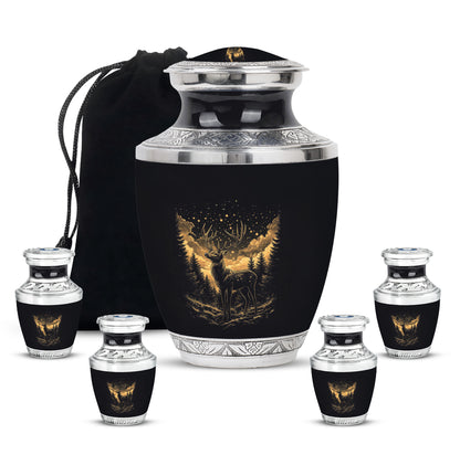 Ebony Deer Cremation Urn lifestyle display on memorial shelf - modern art-inspired deer motif on sleek aluminum - memorial set with one large and four small urns