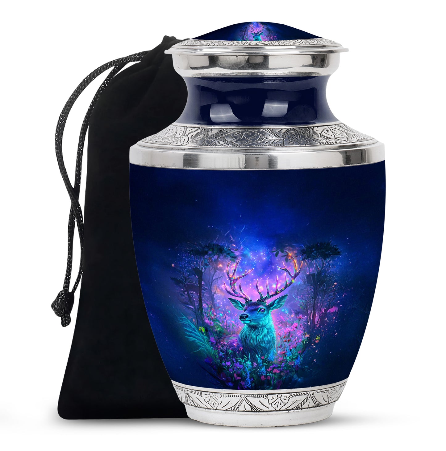 Twilight Blue Deer Cremation Urn side profile showing urn shape - artistic deer interpretation with creative detail - full-size 10 inch 200 cubic inch adult cremation urn