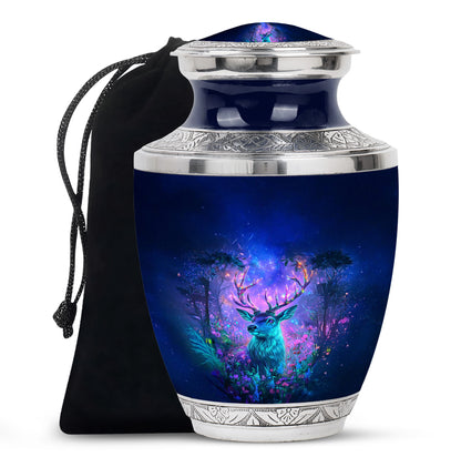 Twilight Blue Deer Cremation Urn side profile showing urn shape - artistic deer interpretation with creative detail - full-size 10 inch 200 cubic inch adult cremation urn