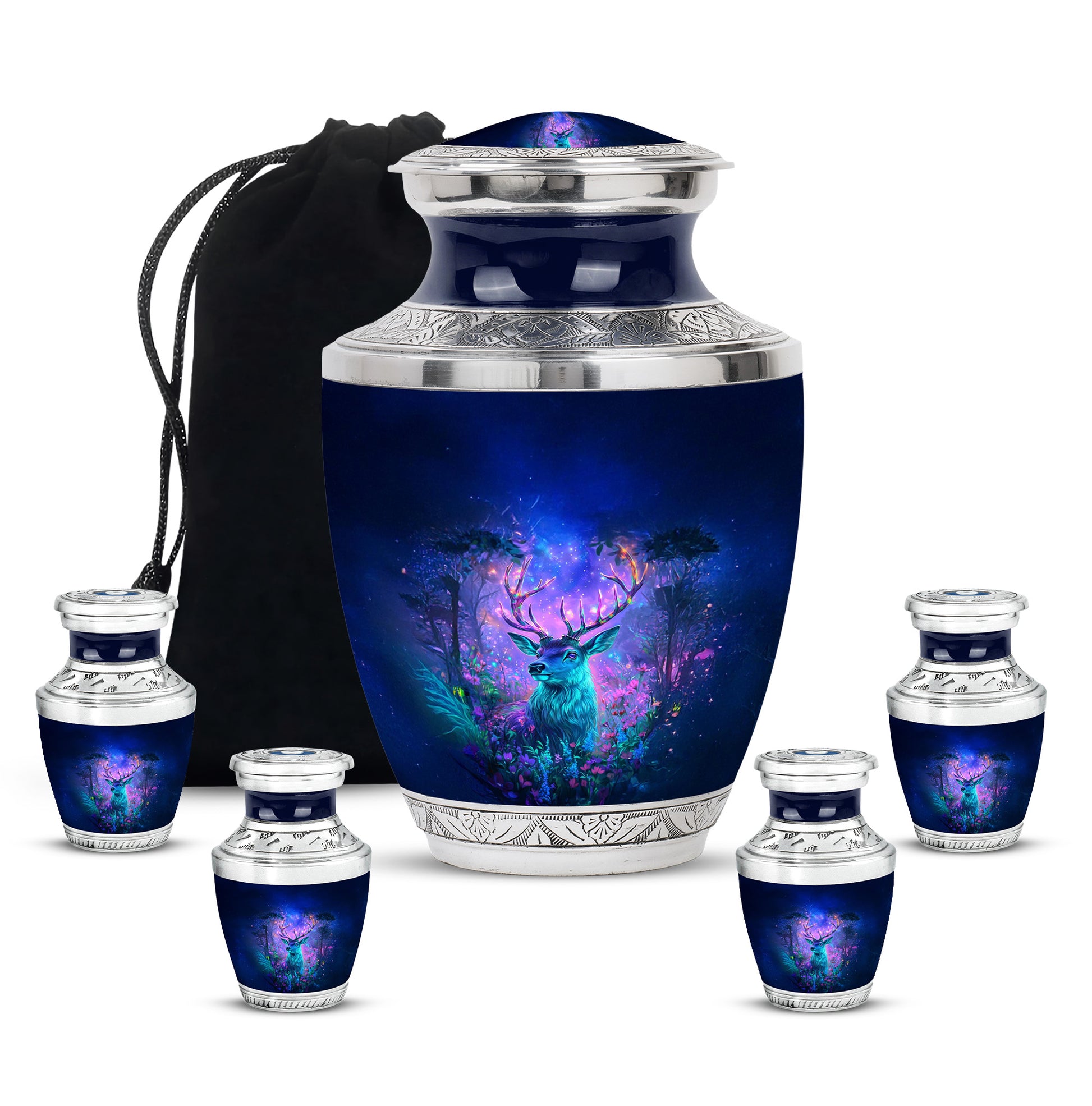 Cobalt Blue Deer Cremation Urn lifestyle display on memorial shelf - artistic deer interpretation with creative detail - memorial set with one large and four small urns