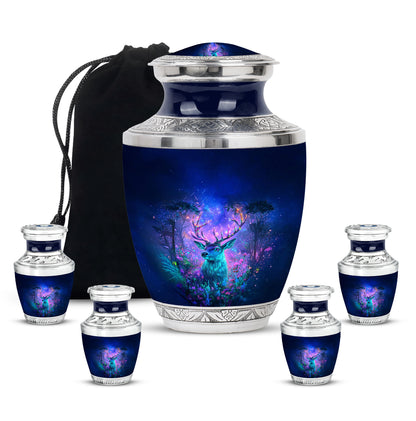 Cobalt Blue Deer Cremation Urn lifestyle display on memorial shelf - artistic deer interpretation with creative detail - memorial set with one large and four small urns