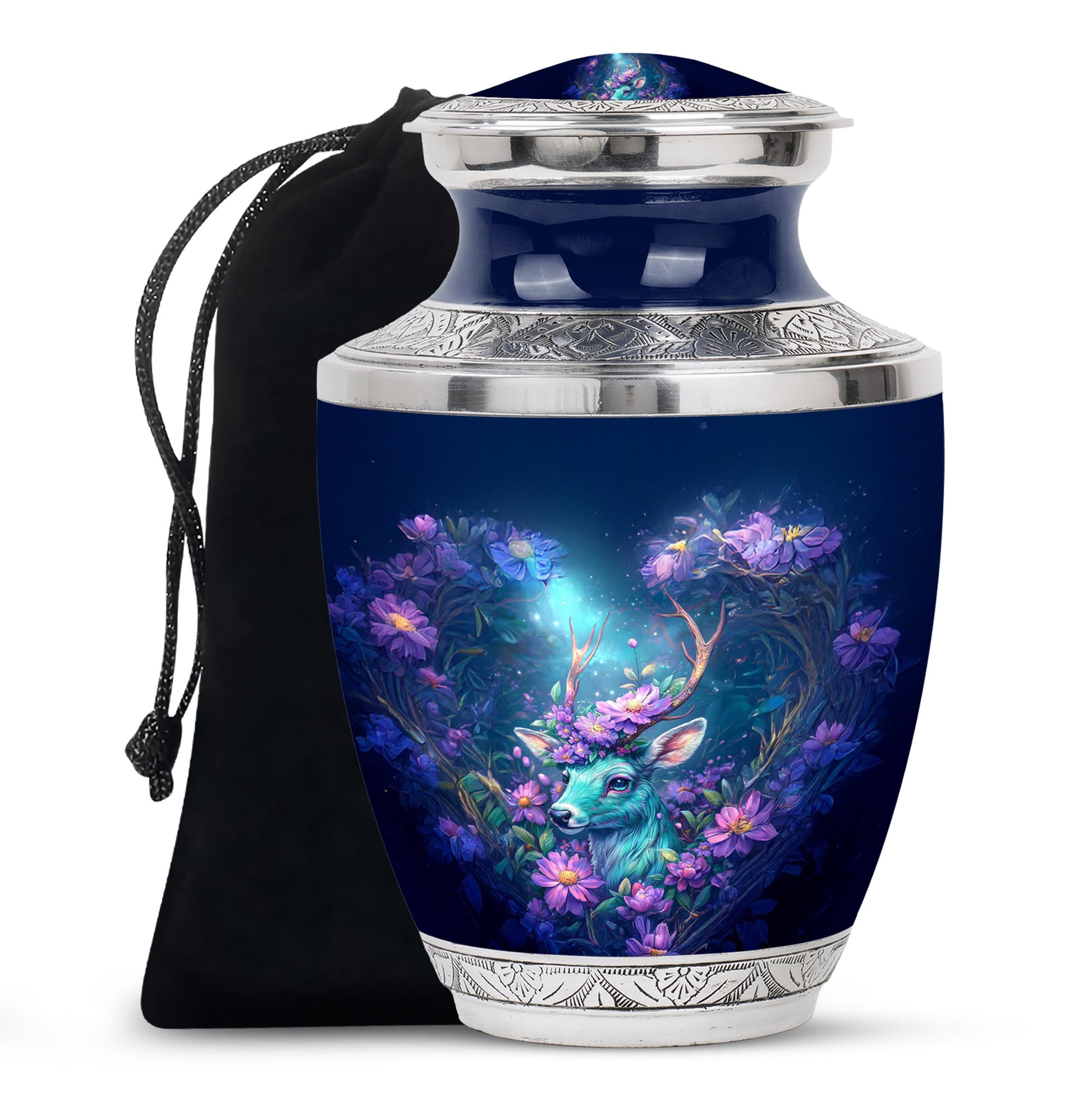 Azure Deer Cremation Urn side profile showing urn shape - modern art-inspired deer motif on sleek aluminum - full-size 10 inch 200 cubic inch adult cremation urn
