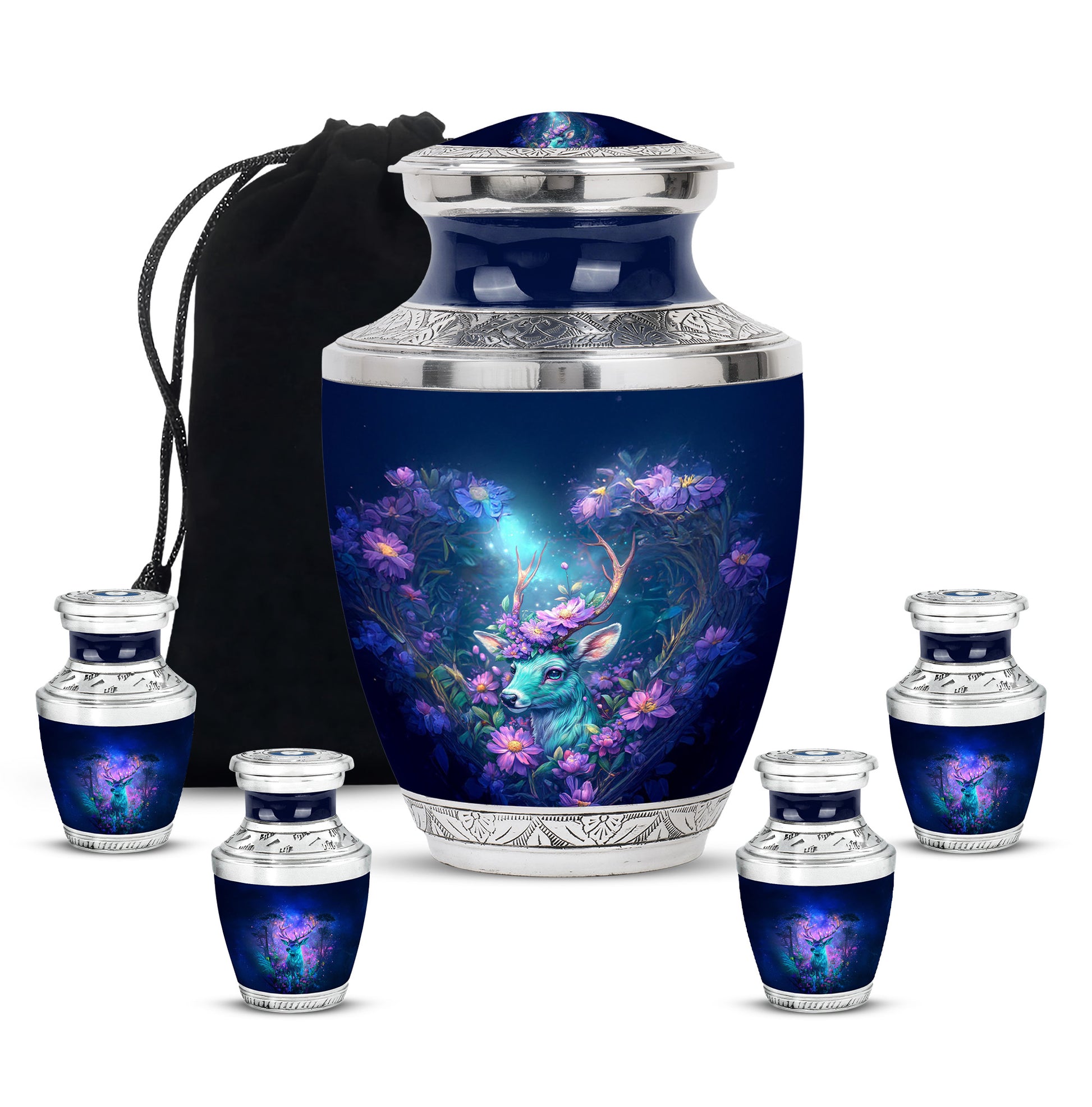 Navy Blue Deer Cremation Urn lifestyle display on memorial shelf - modern art-inspired deer motif on sleek aluminum - memorial set with one large and four small urns