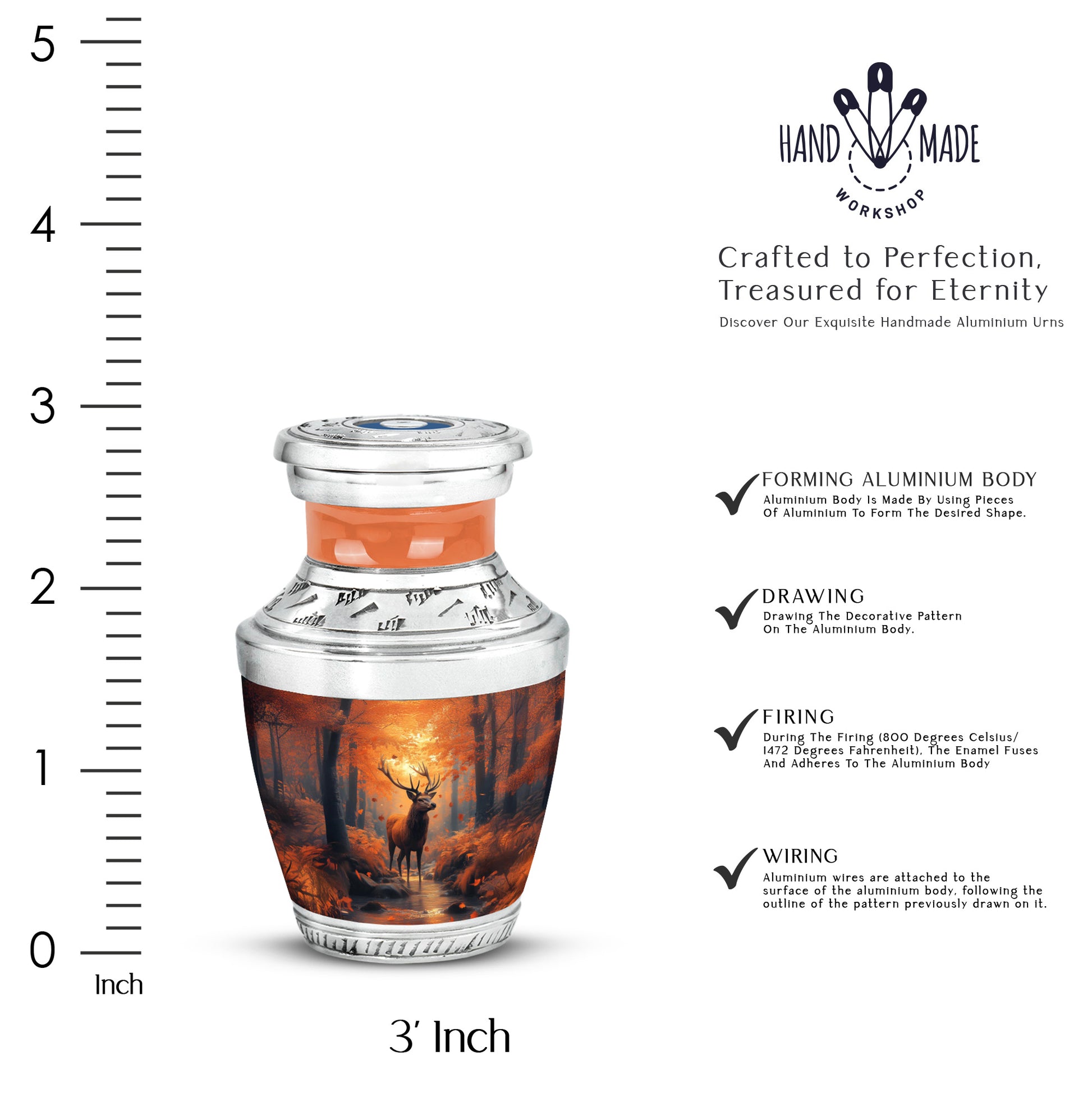 Harvest Gold Deer Cremation Urn top-down view of secure threaded lid - artistic deer interpretation with creative detail - mini keepsake memorial for portion of cremation ashes