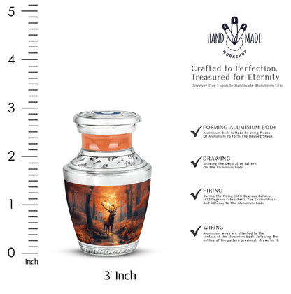 Harvest Gold Deer Cremation Urn top-down view of secure threaded lid - artistic deer interpretation with creative detail - mini keepsake memorial for portion of cremation ashes